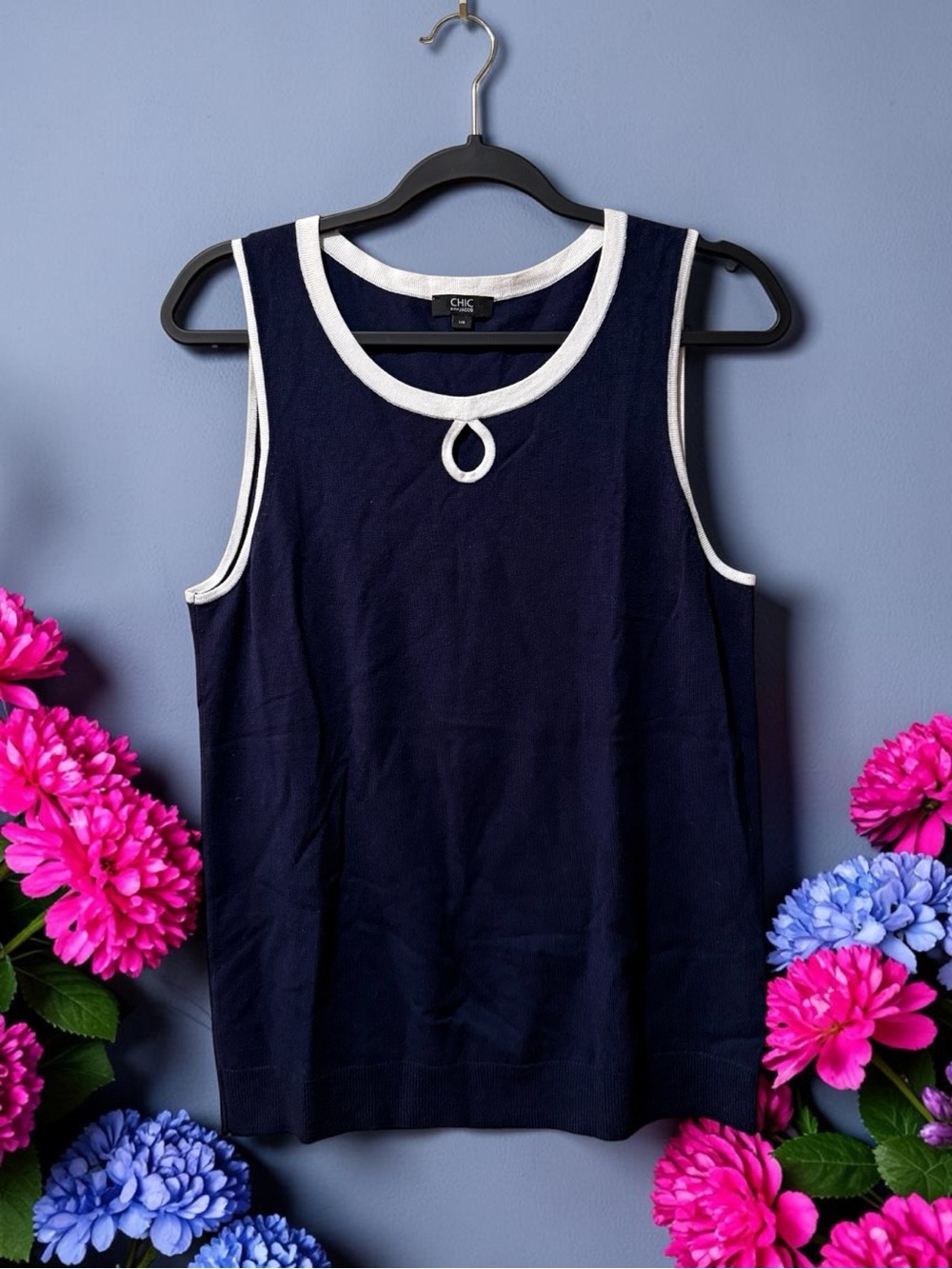 Chic by Jacob Navy Soft Knit Sleeveless Tank with White Trim